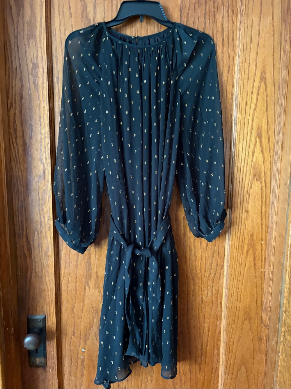 Ann Taylor Black Dress with Gold Dot Print and Tie Waist